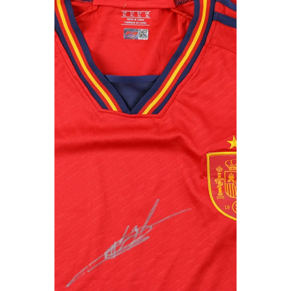 Ansu Fati signed Spain national jersey with crest and signature on red short-sleeve soccer shirt