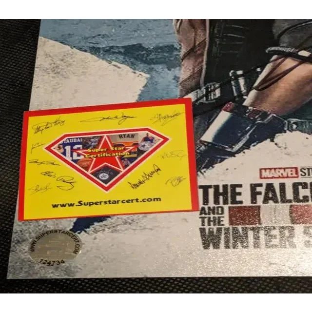 Yellow Super Star Certification card for Falcon autographed 8x10 photo with signatures