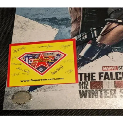 Yellow Super Star Certification card for Falcon autographed 8x10 photo with signatures