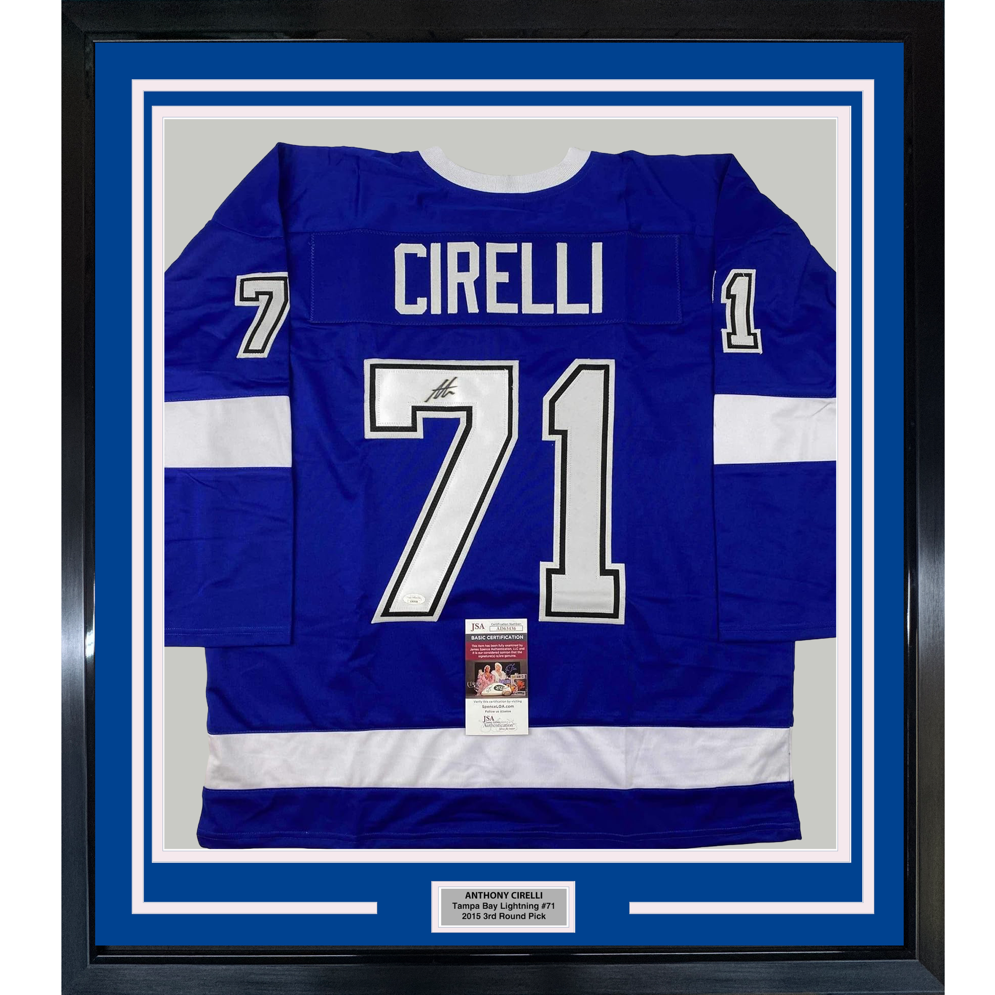 Blue Tampa Bay Lightning hockey jersey #71 signed by Anthony Cirelli, displayed flat in black frame with white matting and JSA authentication certificate.
