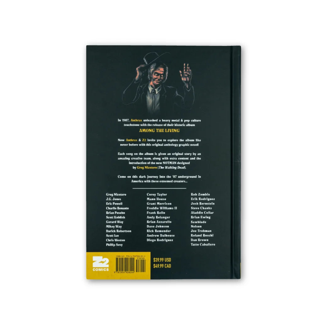 Black graphic novel cover featuring a character in a fedora with raised hands for Anthrax Among the Living Official Graphic Novel Drops