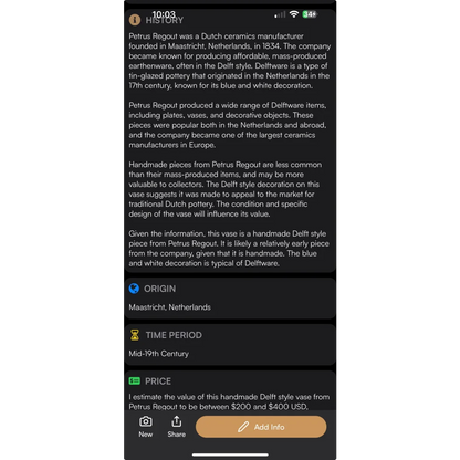 Mobile screen showing Petrus Regout blue Delft style vase history and price info
