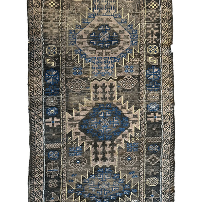 Antique 1880s Baluch wool rug with geometric patterns in blue, beige, gray