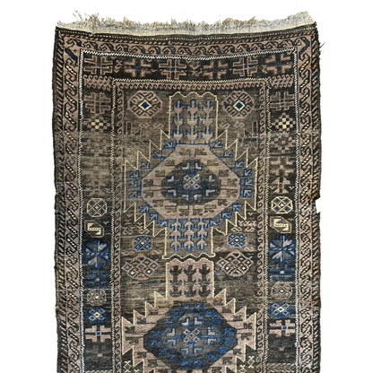 Antique 1880s Baluch tribal wool rug with geometric patterns in blue, beige, brown