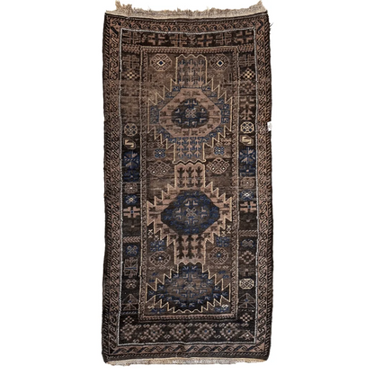 Antique 1880s primitive tribal Baluch wool rug with geometric patterns