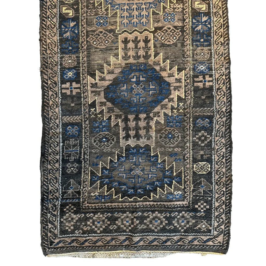 Antique 1880s Baluch wool rug with geometric patterns in blue, beige, gray