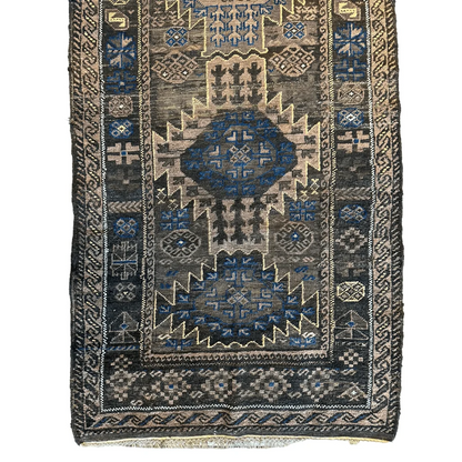 Antique 1880s Baluch wool rug with geometric patterns in blue, beige, gray
