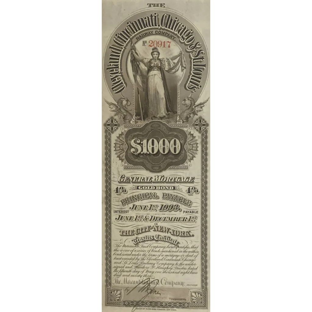 Vintage Railroad Bond Certificate with Allegorical Figure from Cleveland Railway History