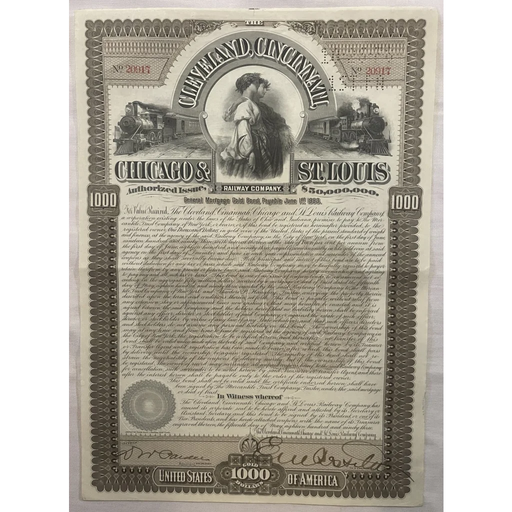 Vintage Chicago & St. Louis Railroad Company bond certificate for $1000, rare find!