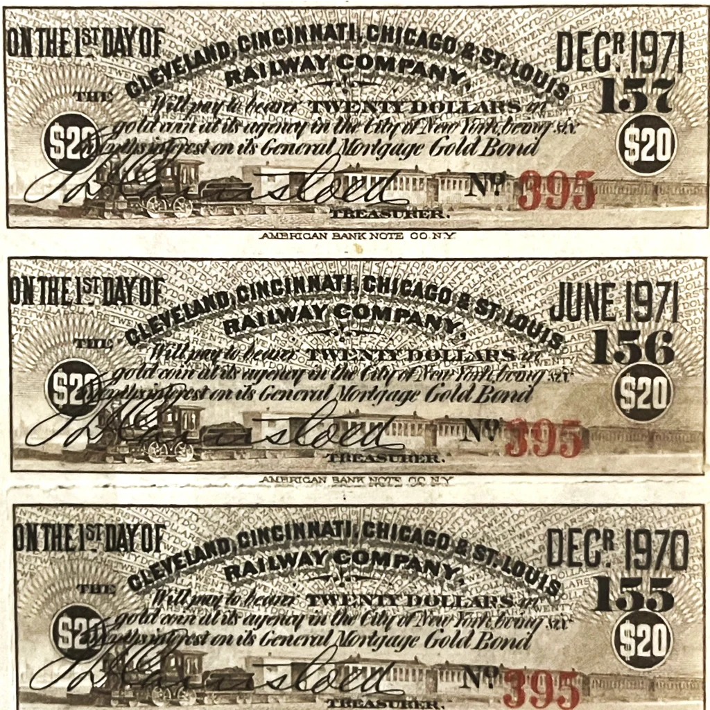 Three vintage Railroad Bond coupons from 1970-71, part of a Rare Railroad Bond Certificate