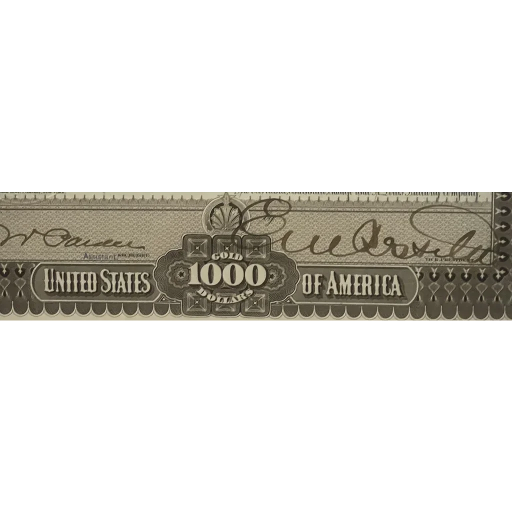 Ornate design of a $1000 note from the Rare 1893 Railroad Bond Certificate collection