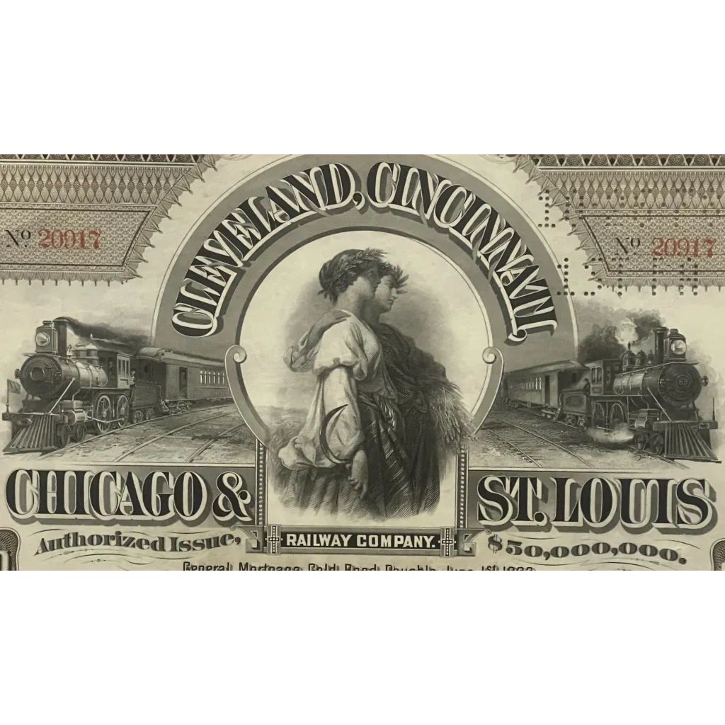 Vintage Railroad Bond Certificate showcasing a female figure and steam locomotives