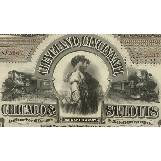 Vintage Railroad Bond Certificate showcasing a female figure and steam locomotives