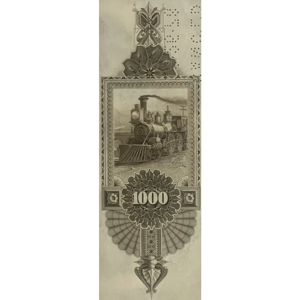 Ornate 1893 Railroad Bond Certificate with steam locomotive illustration and number 1000