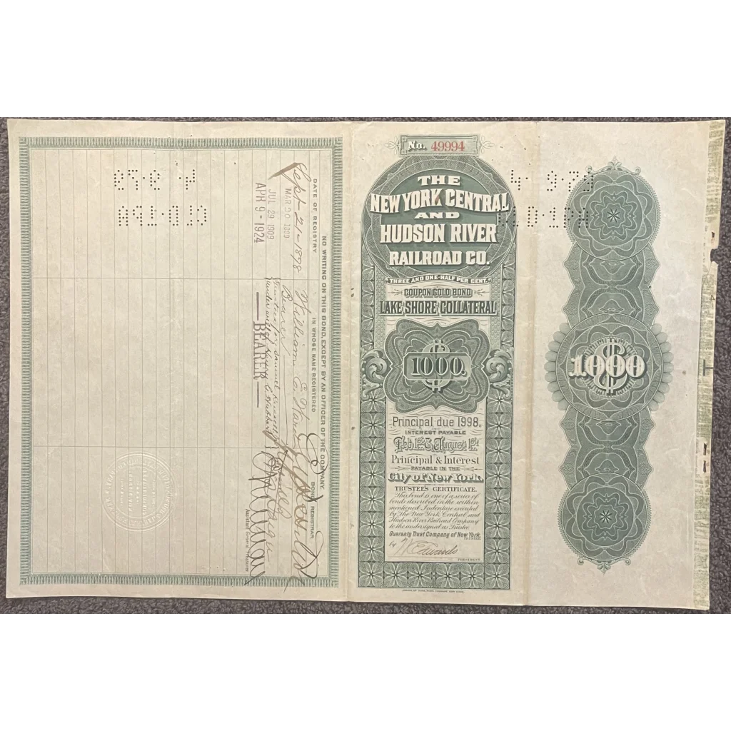 Antique 1898 New York Central And Hudson River Railroad Co. Gold Bond Certificate Collectibles Collectible
