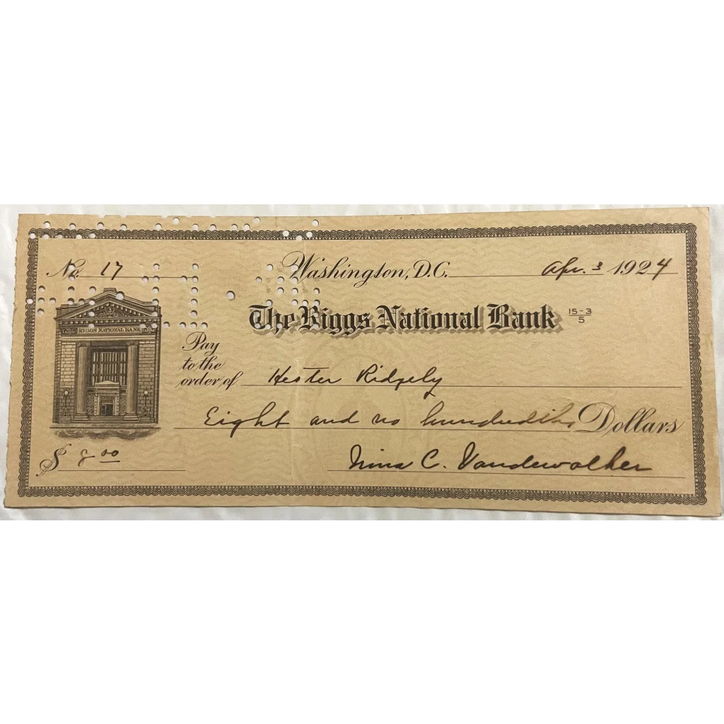 Antique 1900s - 1924 💰 Riggs National Bank Check Washington DC Most Famous Bank! Collectibles Vintage and Gifts Home