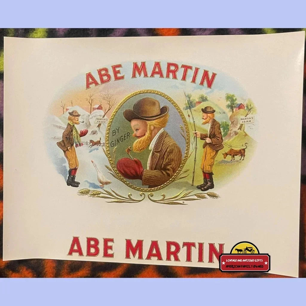 Vintage Abe Martin Embossed Cigar Label showcasing rural life scenes for collectors