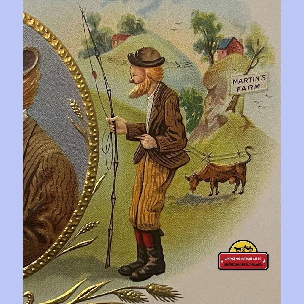 Bearded man in vintage attire with fishing rods on Rare Abe Martin Embossed Cigar Label