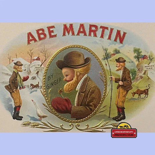 Abe Martin embossed cigar label showcasing a bearded man and rustic scenes