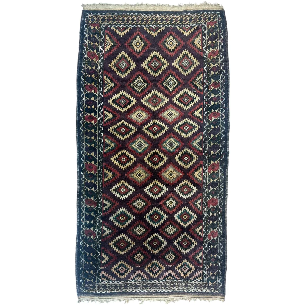 Antique 1900s tribal Baluch wool rug with dark blue geometric patterns
