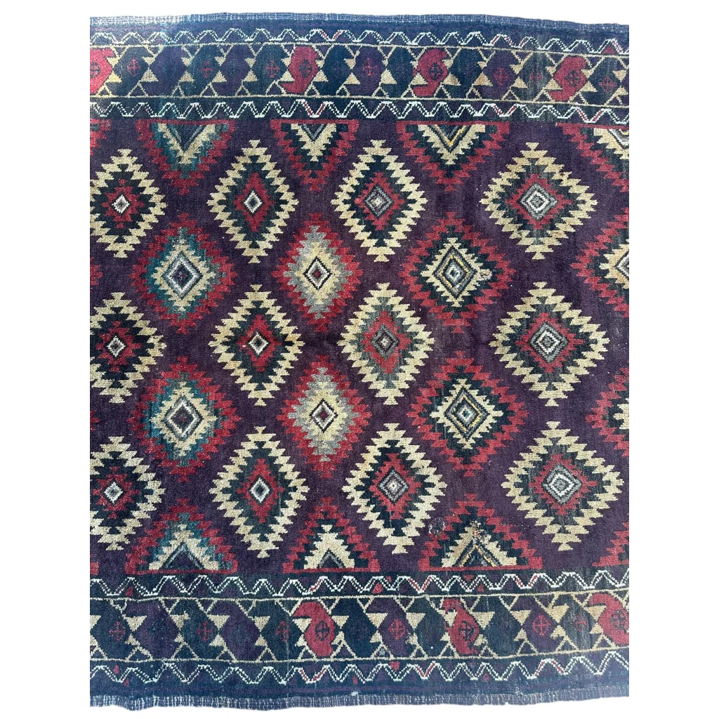Antique 1900s tribal Baluch wool rug with navy diamond patterns