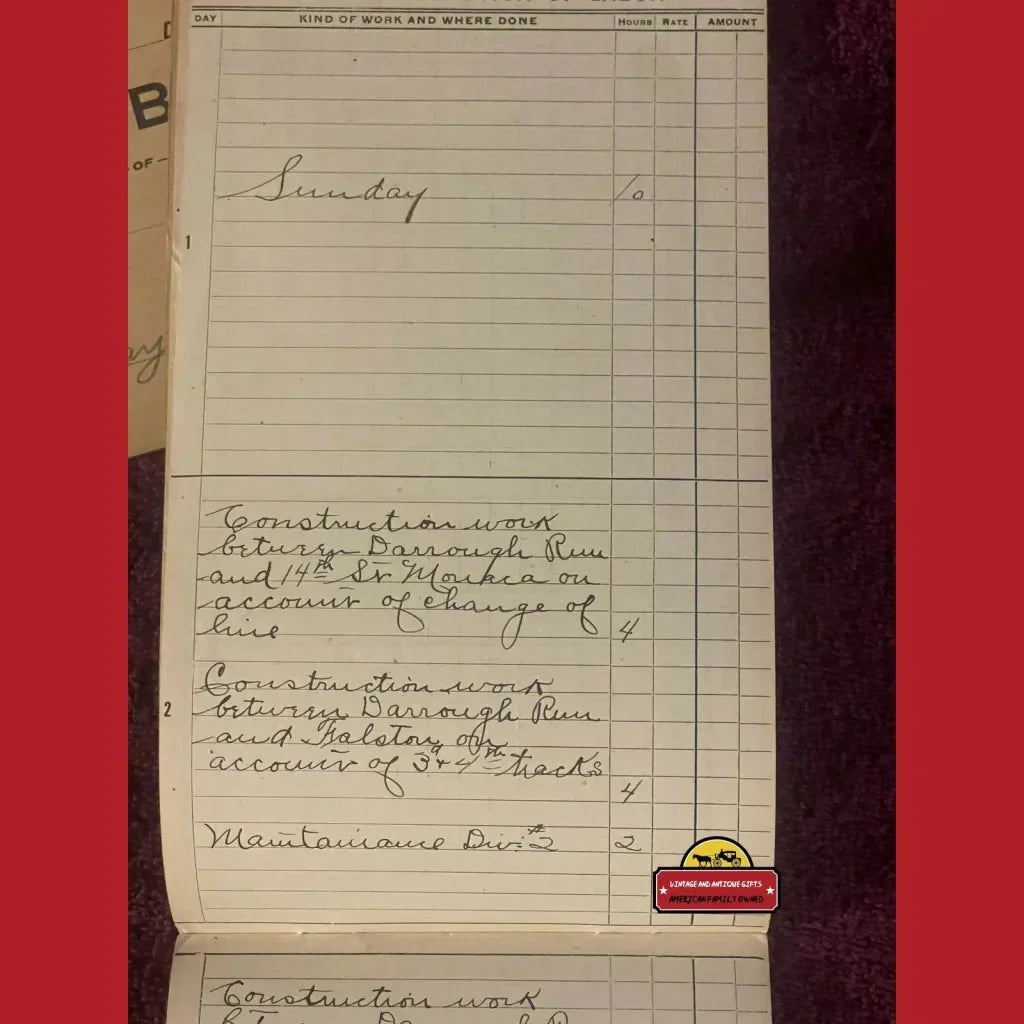 Handwritten page from the Rare 1910 Pittsburgh And Lake Erie Railroad Time Book