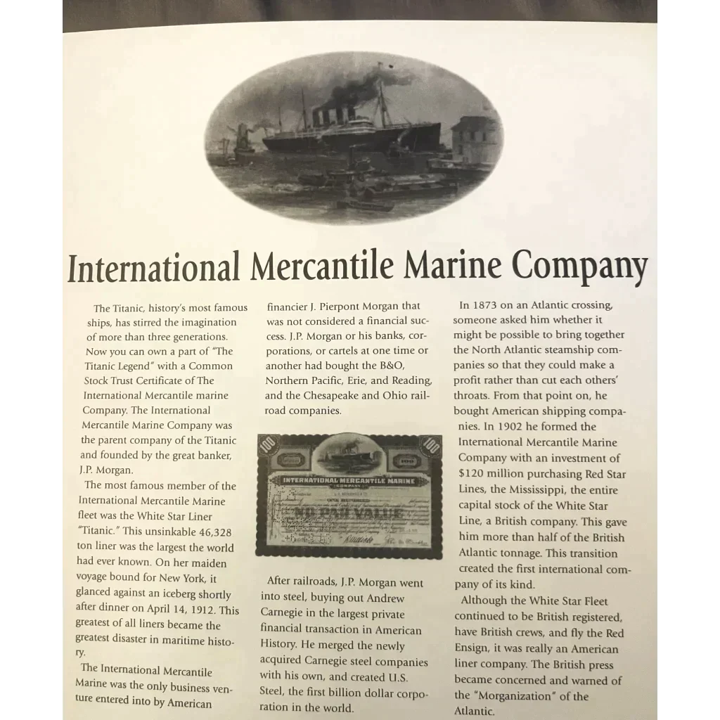 Vintage advertisement for Titanic International Mercantile Company showcasing ship details