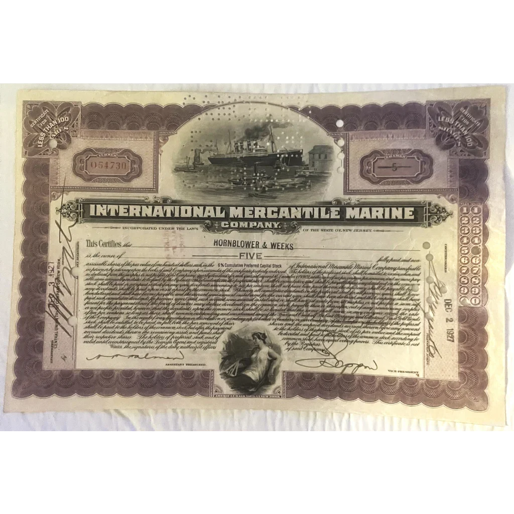 Vintage stock certificate for Titanic International Mercantile featuring a steamship