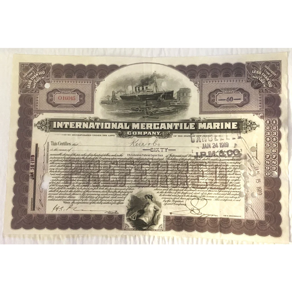 Stock certificate for the Titanic International Mercantile Company with steamship image