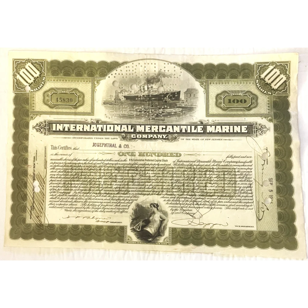 Antique 🚢 1910s - 1920s Titanic International Mercantile Marine Preferred Stock Certificate - Light Green Collectibles