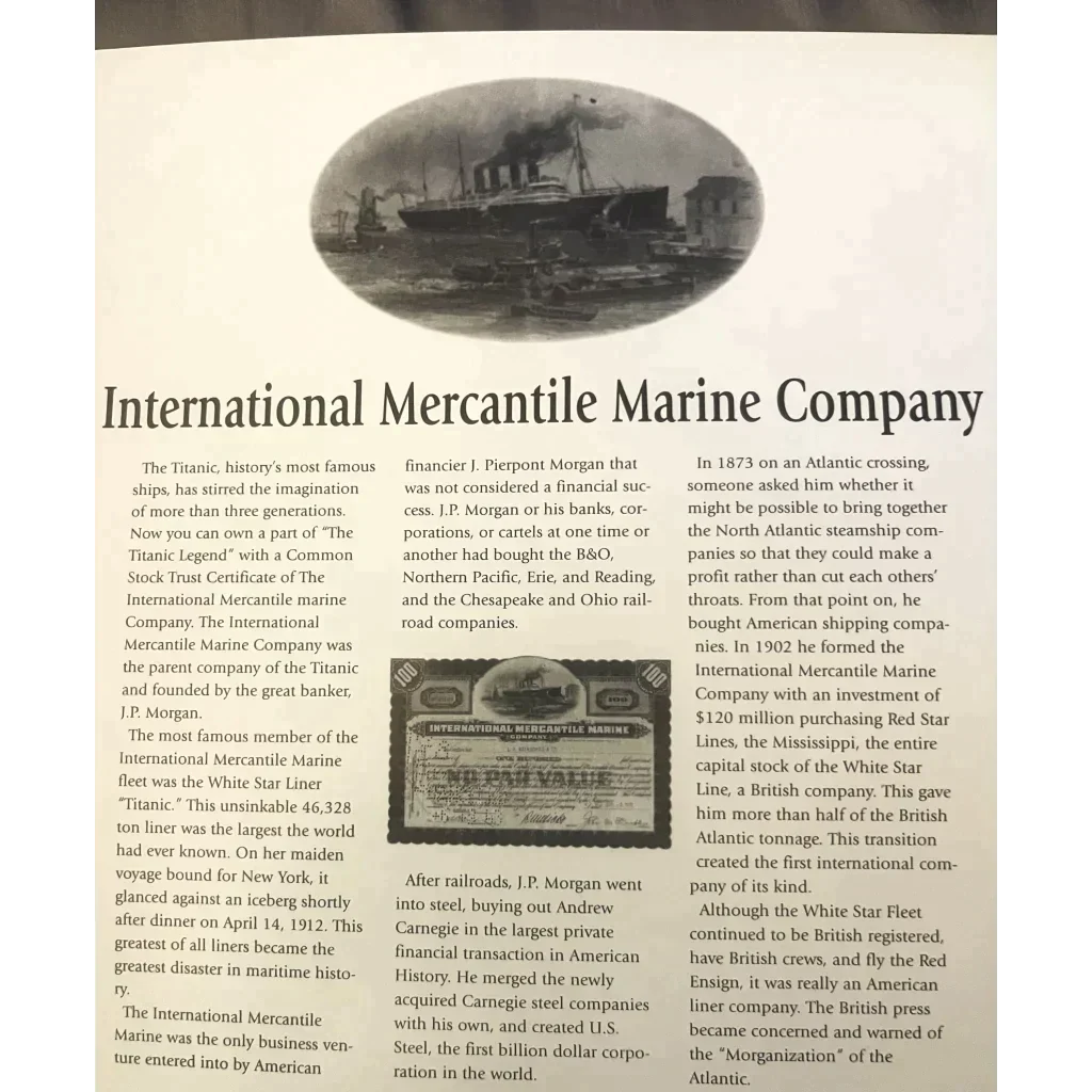 Antique 🚢 1910s - 1920s Titanic International Mercantile Marine Preferred Stock Certificate - Light Green