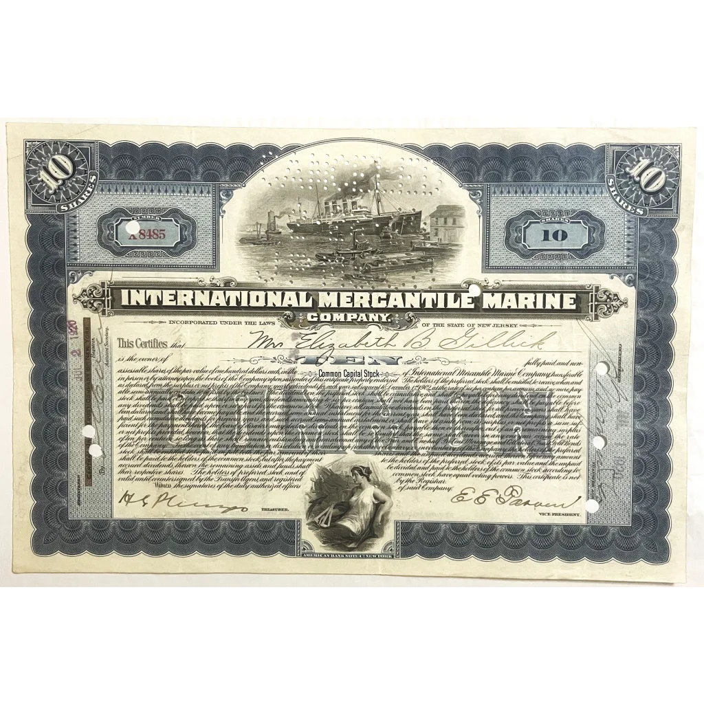 Antique 1910s-1920s Titanic International Mercantile Marine Stock Certificate - Blue Collectibles Vintage and Gifts