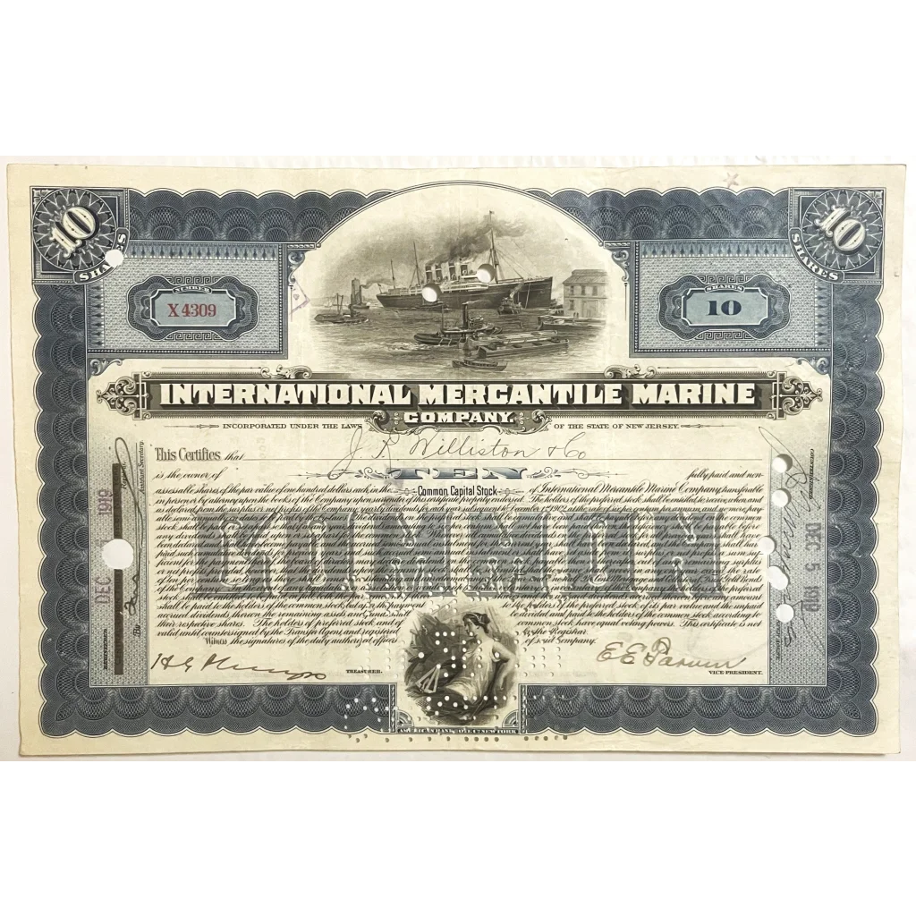 Antique 1910s-1920s Titanic International Mercantile Marine Stock Certificate #2 Collectibles Vintage and Bond