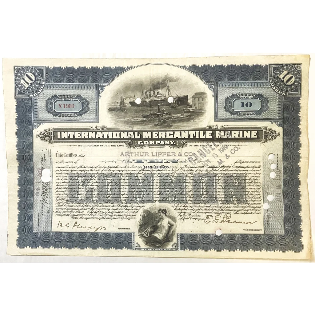 Antique 1910s-1920s Titanic International Mercantile Marine Stock Certificate #2 Collectibles Vintage and Bond
