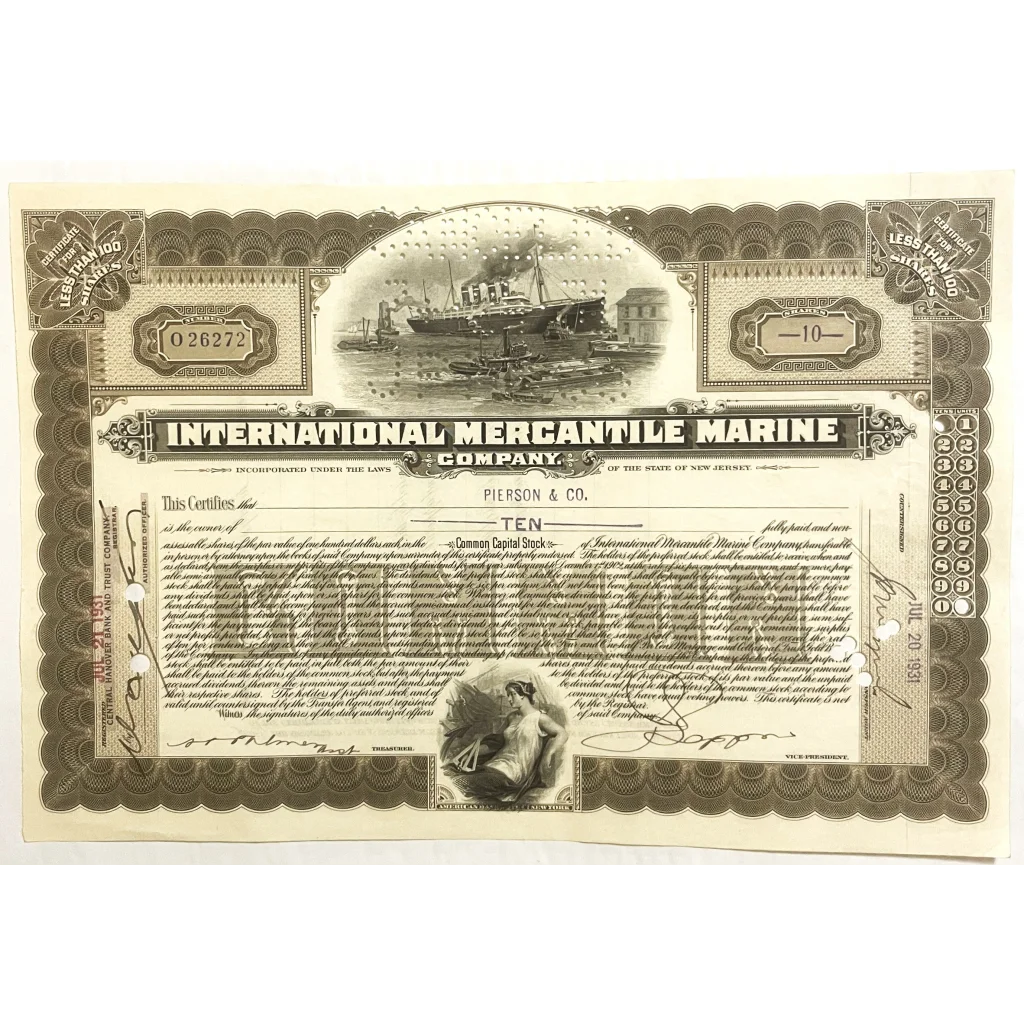Antique 1910s - 1920s Titanic International Mercantile Marine Stock Certificate - Brown Collectibles Own a piece