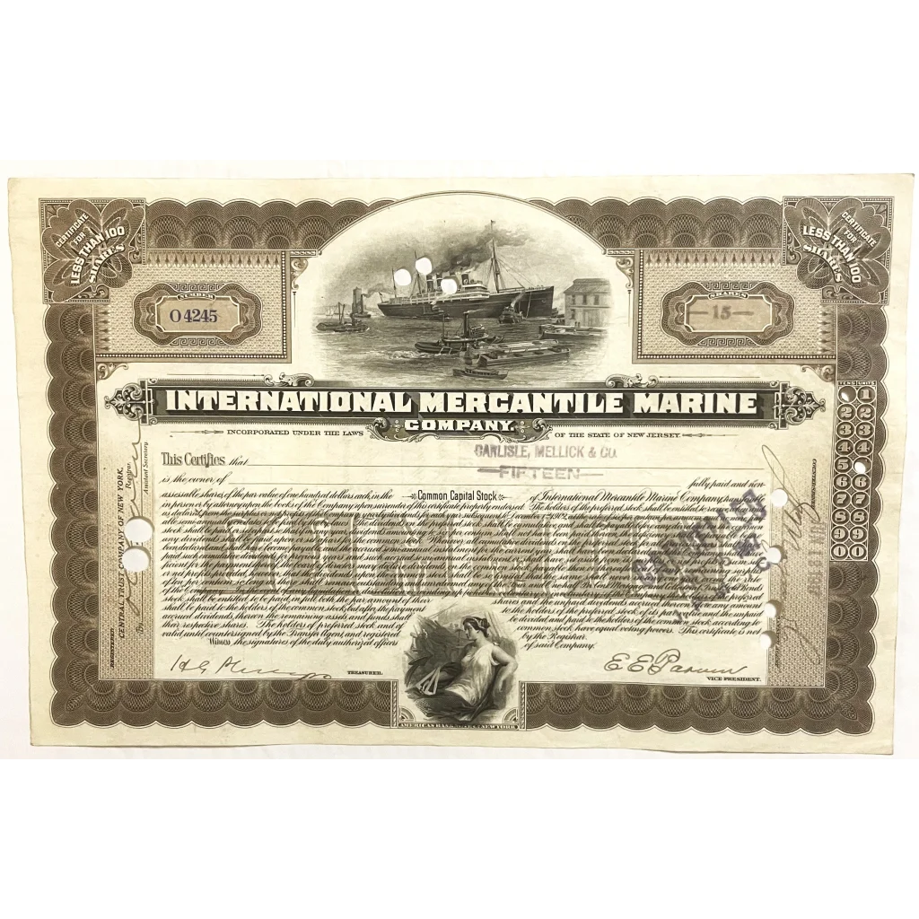 Antique 1910s - 1920s Titanic International Mercantile Marine Stock Certificate - Brown Collectibles Vintage and Bond