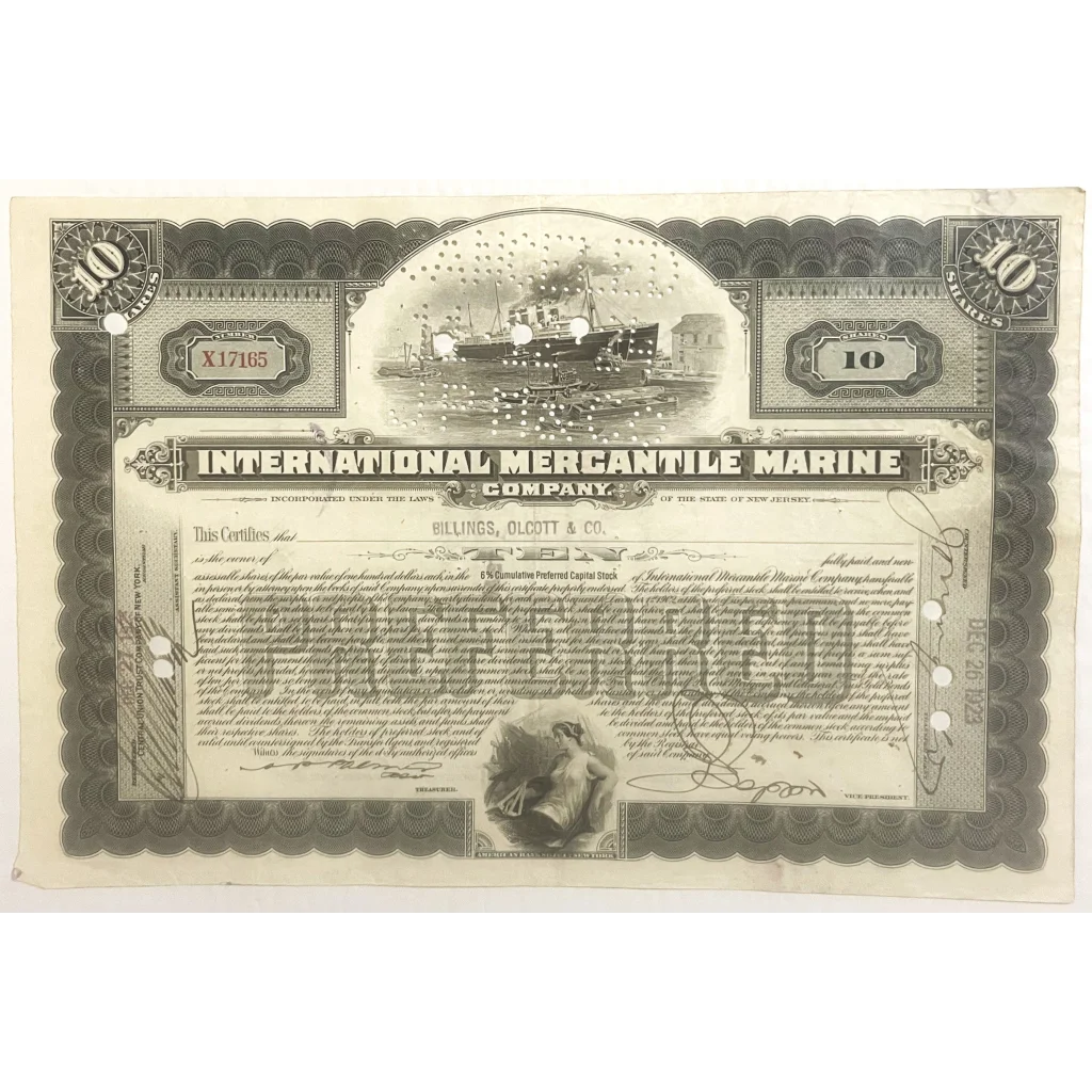 Antique 1910s - 1920s Titanic International Mercantile Marine Stock Certificate - Gray Collectibles Vintage and Bond