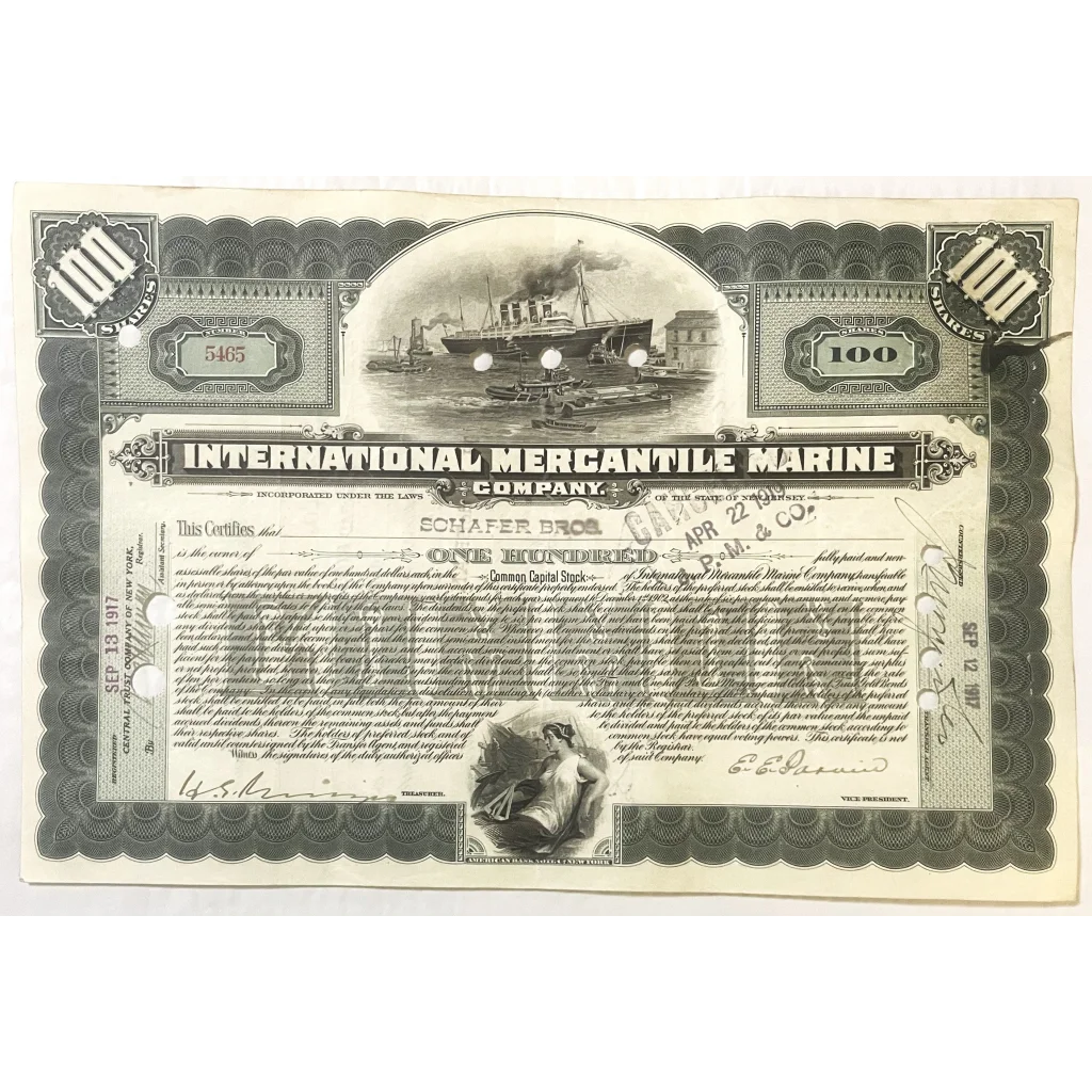Antique 1910s-1920s Titanic International Mercantile Marine Stock Certificate Collectibles Vintage and Bond Certificates