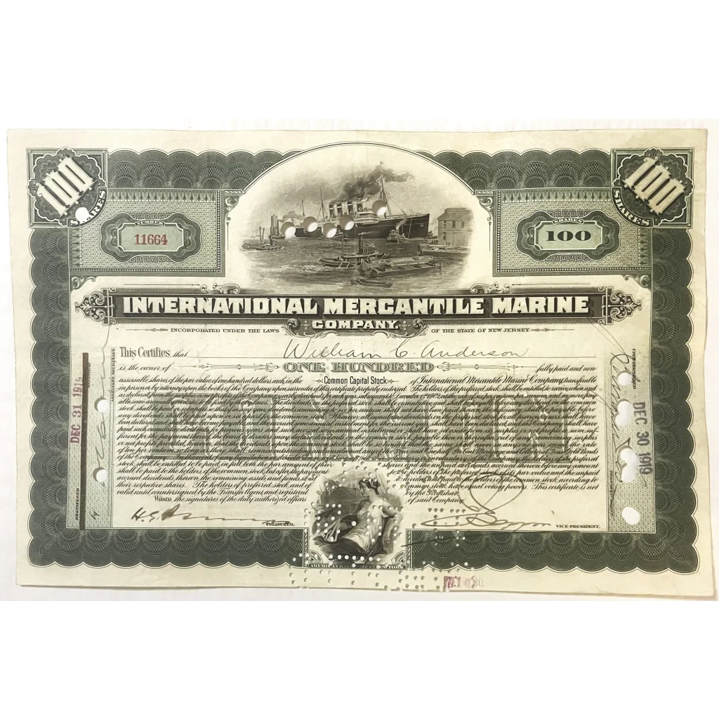 Antique 1910s-1920s Titanic International Mercantile Marine Stock Certificate - Green Collectibles Vintage and Gifts