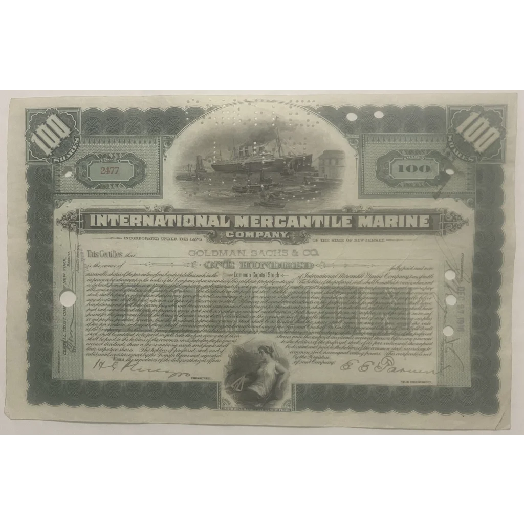 Antique 1910s-1920s Titanic International Mercantile Marine Stock Certificate Collectibles Vintage and Bond Certificates