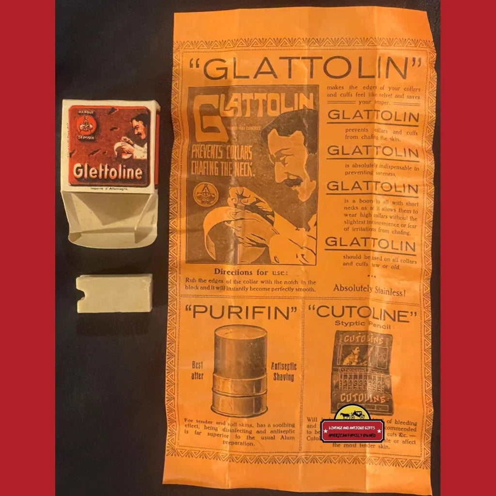 Vintage Glattolin Wax ad on orange paper showcasing 1910s charm and collar remedy