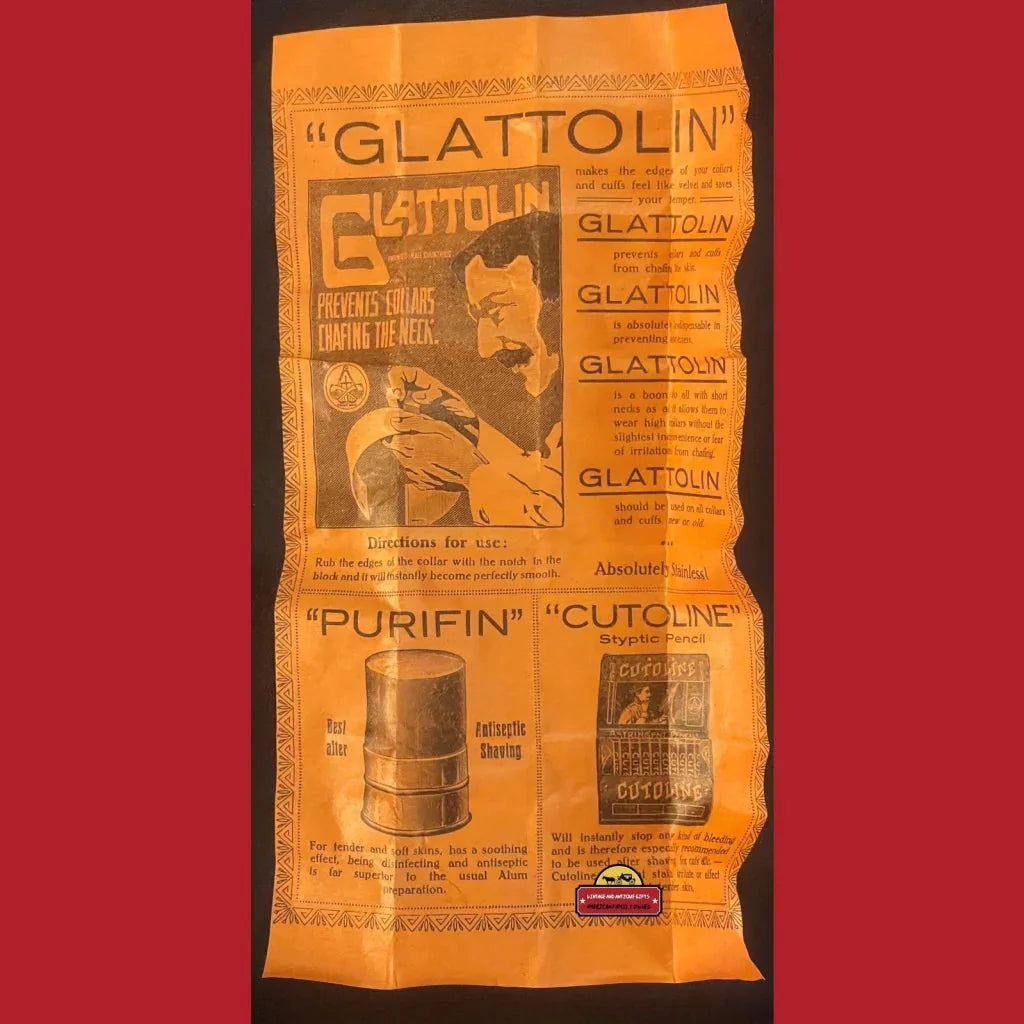 Vintage Glattolin Wax Collar ad poster in orange and black tones from the 1910s