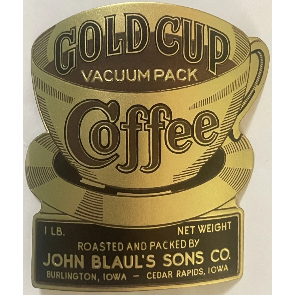 Antique 1910s ☕ Gold Cup Embossed Coffee Label Burlington Cedar Rapids IA 👑 Vintage Food and Home Misc.