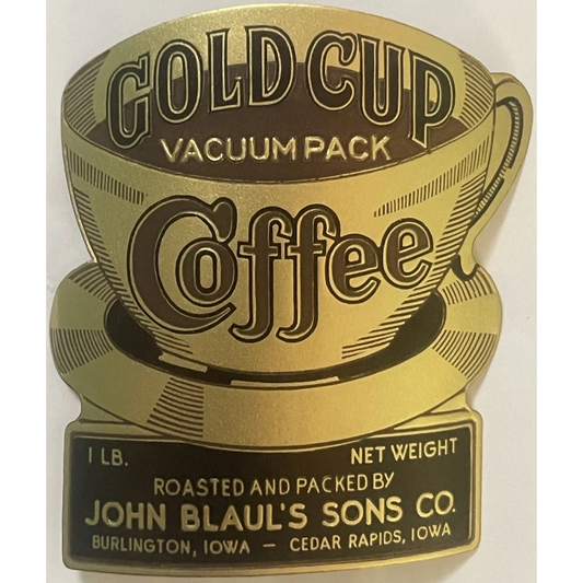 Antique 1910s ☕ Gold Cup Embossed Coffee Label Burlington Cedar Rapids IA 👑 Rare Label: