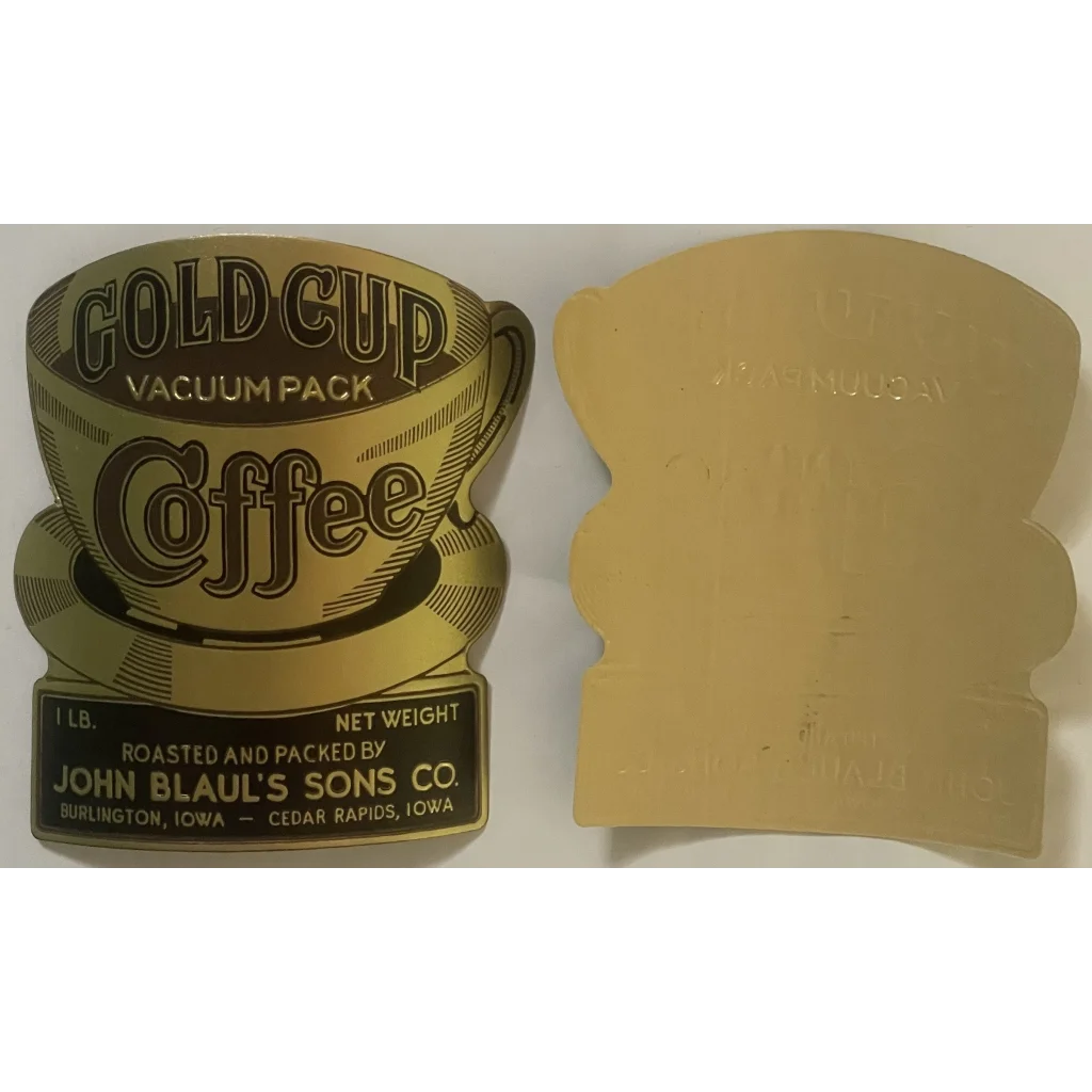 Antique 1910s ☕ Gold Cup Embossed Coffee Label Burlington Cedar Rapids IA 👑 Rare Label:
