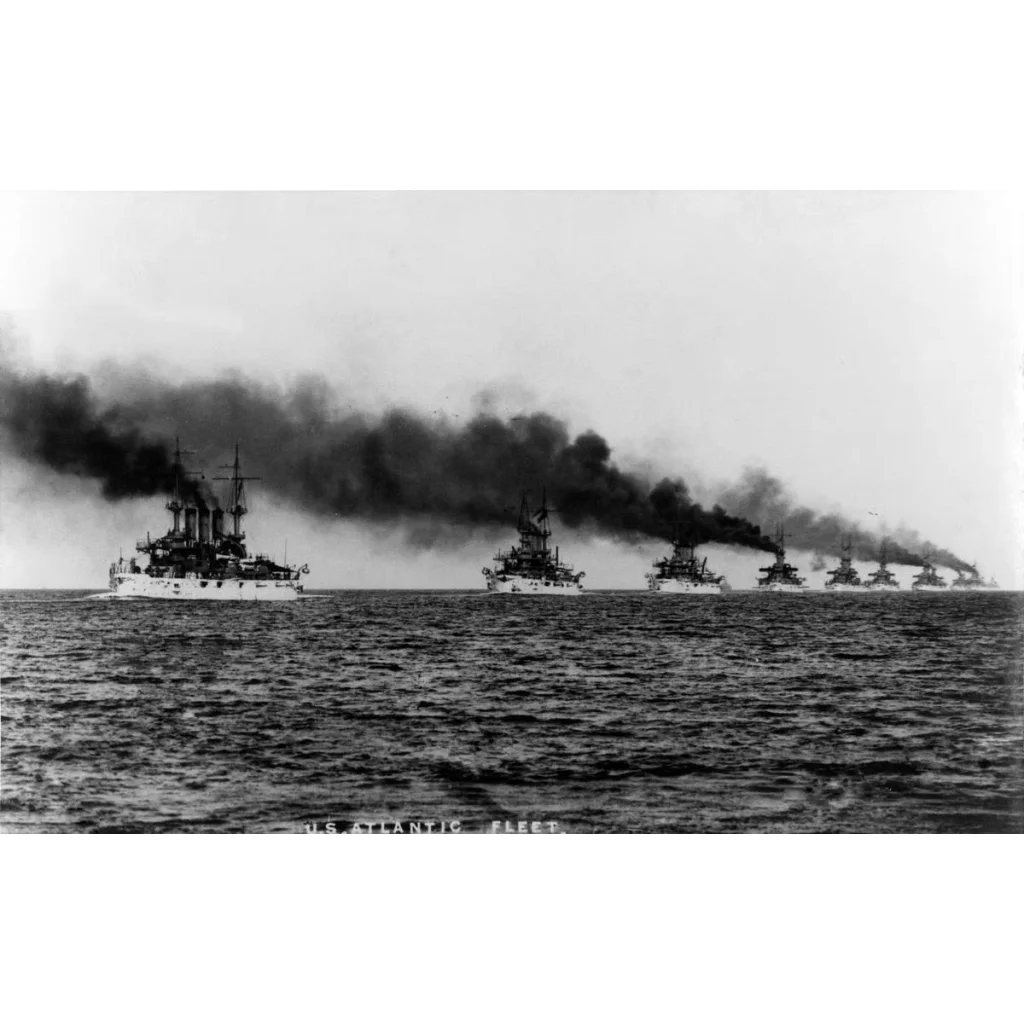 1910s antique Great White Fleet cigar label with smoky battleships