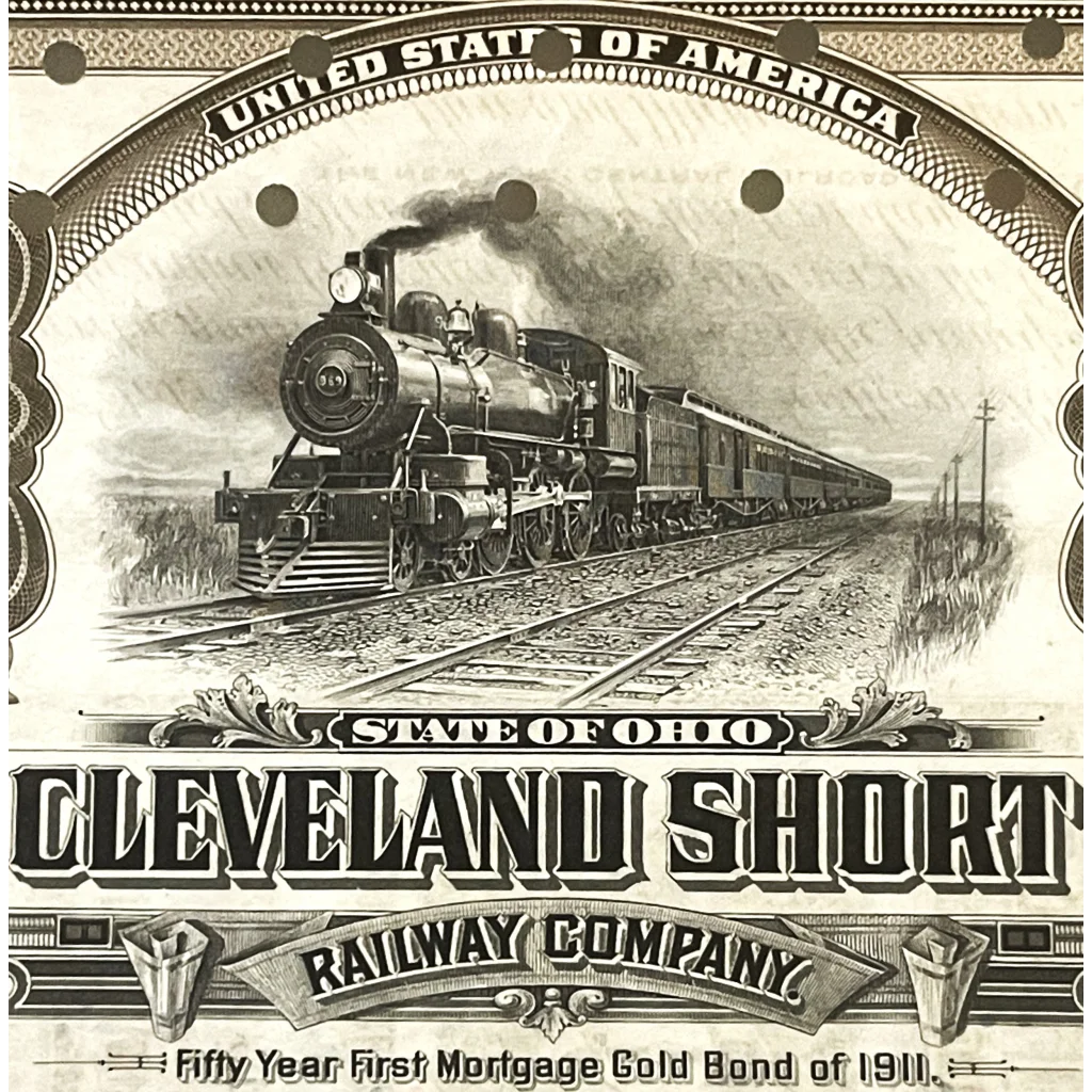 Steam locomotive pulling a passenger train on railroad tracks showcasing Cleveland Short Line Gold Bond Certificate