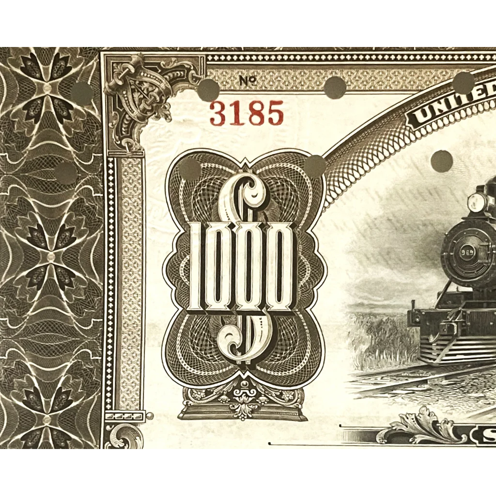 Ornate number 1000 on a Rare Cleveland Short Line Gold Bond Certificate from 1911