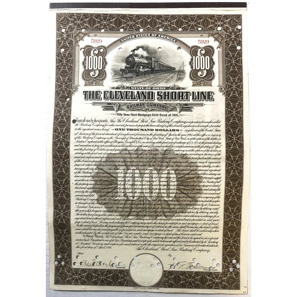 Vintage $1000 Cleveland Short Line Gold Bond Certificate with engraved steam locomotive