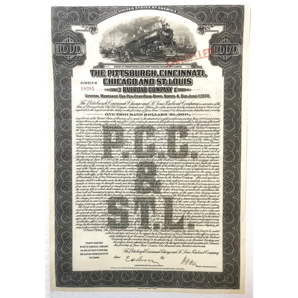 Antique 1920 Pittsburgh Cincinnati Chicago St. Louis Railroad Gold Bond Certificate Collectibles Vintage and Gifts Home